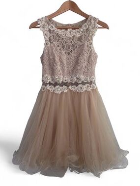 Dancing Queen Embellished Lace & Tulle Beaded Dress Taupe Size M